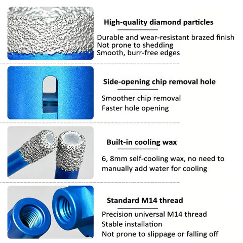Ultimate 12-Piece Diamond Core Drill Bit Set with Adapters For Angle Grinder, Cutting Holes In Tile Marble Granite And Concrete Like A Pro close-up of diamond core bit features