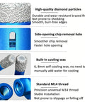 Complete 12 Pc M14 Diamond Core Drill Bit Set For Tile And Marble Plus Granite And Concrete With Angle Grinder Adaptors And Aluminum Case To Get The Job Done Right close-up of diamond-coated M14 drill bits with cooling wax and thread detail