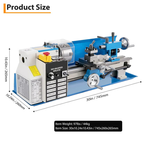 Hosslly 1100W Brushless Benchtop Metal Lathe, 9x30 Inch Size, 110V US Plug, with control panel and precision parts for machining.
