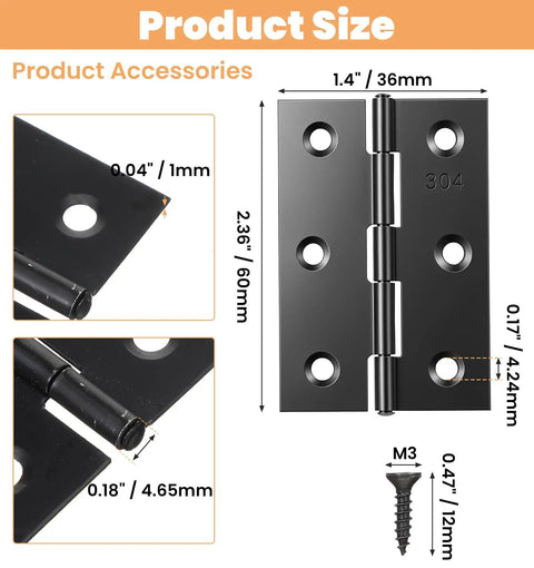 Two Pack Small Door Hinges, Black Stainless Steel 3 Inch Hinges With Screws For Wood Doors, Cabinets And Windows size details