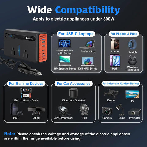 300W Car Power Inverter With Dual 110V AC Outlets And Heavy Duty Cigarette Lighter Plug Adapter featuring wide compatibility for various devices.