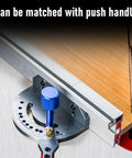 Heavy Duty T Track Miter Gauge Fence With Smooth Telescoping Slider For Table And Router Saw showing blue knob and alignment features.