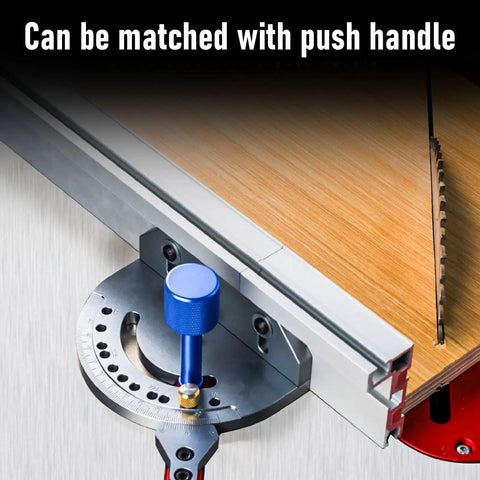 Heavy Duty T Track Miter Gauge Fence With Smooth Telescoping Slider For Table And Router Saw showing blue knob and alignment features.