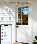 Top Shelf Fingerprint Smart Lock With Heavy Duty Lever Handles Set In Matte Black, remote app control features by front door.