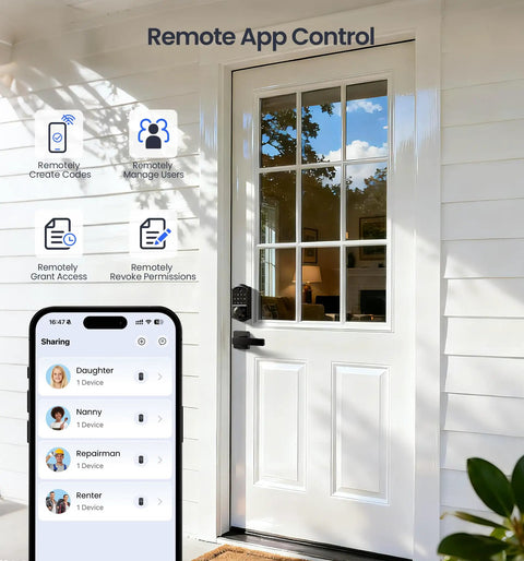 Top Shelf Fingerprint Smart Lock With Heavy Duty Lever Handles Set In Matte Black, remote app control features by front door.