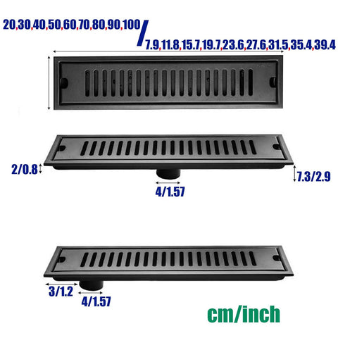 Slick Linear Shower Drain With Removable Grate Cover And Hardcore Hair Strainer For Zero Hassle Bathroom Drainage, dimensions shown.