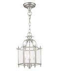 Three Light Brushed Nickel Hanging Lantern Or Flush Mount Chandelier With Clear Beveled Glass Traditional Steel Fixture