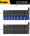 9-Piece 1/4-Inch Drive Deep Impact Socket Set with 6-Point Metric Sizes 6 to 14mm Plus 1/4-Inch Hex to Square Wobble Adapter