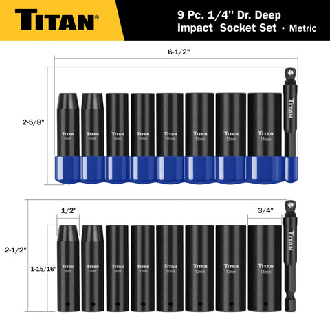9-Piece 1/4-Inch Drive Deep Impact Socket Set with 6-Point Metric Sizes 6 to 14mm Plus 1/4-Inch Hex to Square Wobble Adapter