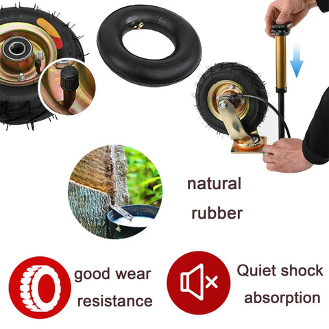 Heavy Duty Pneumatic Casters With Hella Smooth Rubber Wheels And Swivel Lock Brakes Built Like A Tank For Industrial Toolboxes Featuring Double Ball Bearings Quick Install, showing natural rubber and pump.