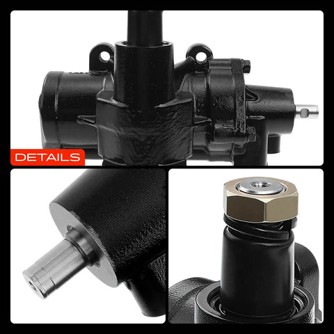 Heavy Duty Power Steering Gearbox Direct Fit Replacement Chevy Silverado Tahoe GMC Sierra Cadillac Escalade close-up view showing input and output.