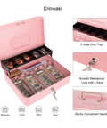 Open pink cash box with money tray and key lock for cash till, secure locking safe box with two-tier coin tray and ample storage