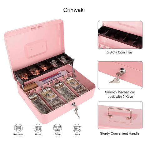 Open pink cash box with money tray and key lock for cash till, secure locking safe box with two-tier coin tray and ample storage