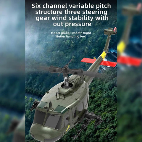 Flybarless Huey RC Helicopter For Adults With 6 Axis Gyro, Optical Flow Positioning, TOF Lidar Height, flying in forest backdrop