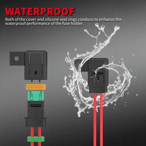 Beefy 12 Volt Inline Fuse Holder With Secure Mounting Holes For 12 Awg Automotive Marine Vehicle Wiring Kits Includes Waterproof Atc Ato Blade Fuses Rated At 20 30 40 Amps with water splashing effect.