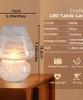 Cordless Mushroom Lamp With Battery Power And Timer, glass design on wooden table, showcases dimensions and features in text.
