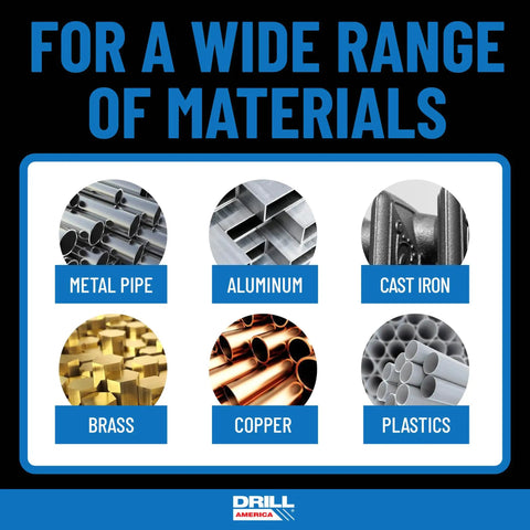 Image showing various materials: metal pipe, aluminum, cast iron, brass, copper, plastics for 2 Inch To 11 And A Half Inch NPT Pipe Tap In Carbon Steel DWTPT Series Uncoated Round Shank Straight Flute For Cleaning And Rethreading Beat Up Pipe Threads Heavy Duty Metalworking Tap