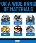 Image showing 'For a wide range of materials' including metal pipe, aluminum, cast iron, brass, copper, plastics for 1/2 Inch Carbon Steel NPT Pipe Tap And 23/32 Inch High Speed Steel Drill Bit Set, POU Series, Do It All Kit With 1/2 Inch Shank Taps And Black Oxide Bits, Built For Production, Maintenance, And Portable Drilling.