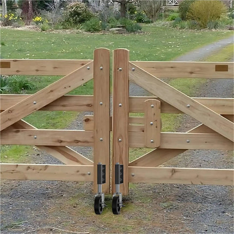 Built Tough As Nails Heavy Duty Gate Caster Wheel With Four Inch Spring Loaded Swivel Roller mounted on wooden gate.
