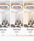 Sleek 20 Inch Bladeless Ceiling Fan With Light Remote Control showing three color temperatures in a living room setup