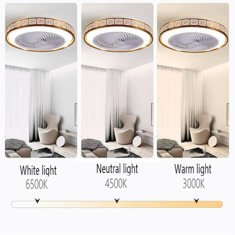 Sleek 20 Inch Bladeless Ceiling Fan With Light Remote Control showing three color temperatures in a living room setup