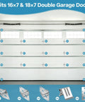 Garage Door Hardware Kit Replacement For 16x7 And 18x7 Doors With Premium White Nylon Rollers Heavy Duty 14 GA Hinges Top And Bottom Brackets Lift Cables And Mounting Screws Ready To Install For Residential Use installed on white double garage door