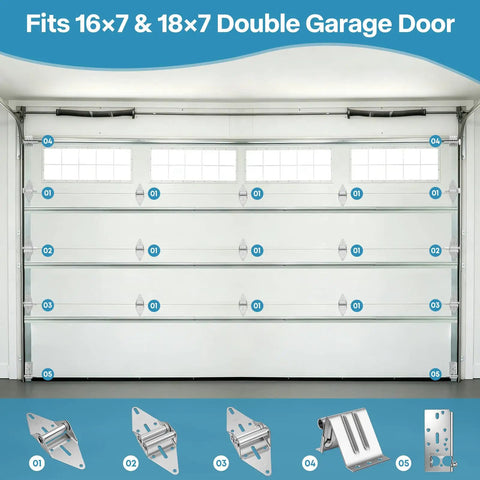 Garage Door Hardware Kit Replacement For 16x7 And 18x7 Doors With Premium White Nylon Rollers Heavy Duty 14 GA Hinges Top And Bottom Brackets Lift Cables And Mounting Screws Ready To Install For Residential Use installed on white double garage door