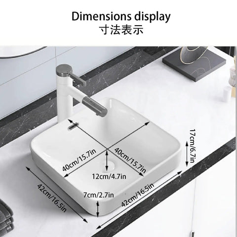 USZWBY Bathroom Vessel Sink Ceramic Washbasin Semi Recessed Bathroom Sink dimensions display with faucet and measurements on countertop.