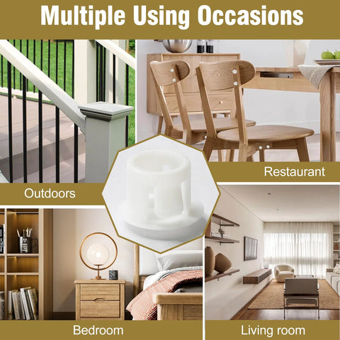 30 Pack 8mm White Plastic Hole Plugs With Snap In Locking End Caps For Furniture Fencing Posts And Pipes shown in various home settings.