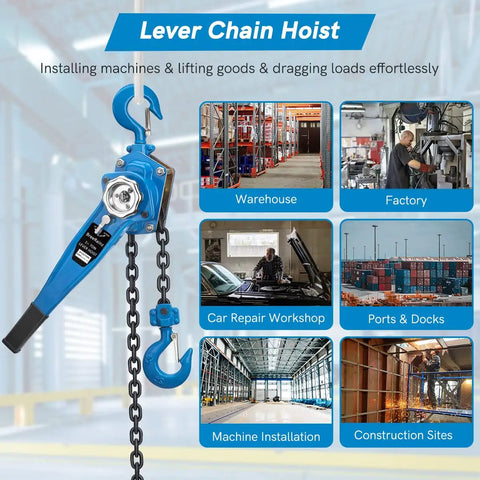Heavy Duty Workhorse Manual Lever Hoist 3300 Lbs Load Capacity 20 Ft Chain with rotary hooks in multiple warehouse and factory settings