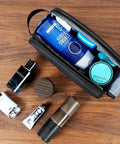 Open black Travel Toiletry Bag For Men - Water-Resistant Double-Sided Full-Open Dopp Kit with grooming essentials, extra large size