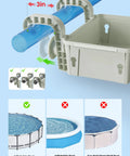 2 Piece Poolside Storage Basket Set With Cup Holder For Above Ground Pools Fits Steel Round Or Oval Frames Top Rail 3 Inches Or Less Upgrade Kit For Easy Deckside Organization And Poolside Convenience showing basket installation on a pool rail.
