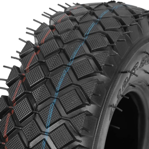 Close-up of 4.10/3.50-4 tire tread, showing rugged rubber with colored groove lines for 2 Pack 4.10/3.50-4 Tire Inner Tubes With Bent Valve Stem.