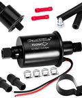 12V Low Pressure Inline Fuel Pump 2 To 3.5 PSI 24 GPH Flow Universal Kit with five sixteenths inch hose fittings and mounting hardware