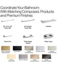 Product lineup showcasing Composed bathroom accessories, including the K-73148-TT Composed Vertical Toilet Tissue Holder in various finishes.