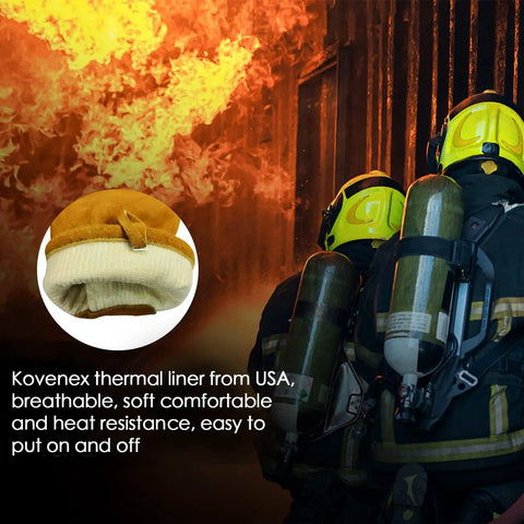 Structural Firefighter Gloves With NFPA 1971 Compliance Moisture Barrier Heat And Flame Resistance Durable Cowhide Leather Built To Last Go To Gear For Tough Fireground Duty And All Day Comfort shown beside firefighters near a fire source.