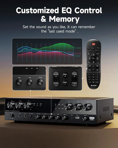 Six Channel Home Theater Receiver With 1000W Peak Power, Bluetooth 5.3, USB, FM, Two Mic Inputs, Echo, RCA, Optical And Coaxial Inputs MAMP6 with EQ control and memory function, remote and interface view