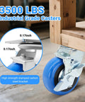 5 Inch Heavy Duty Caster Set Of Four With 3500 Lbs Industrial Grade Capacity And Upgraded Thickened Bracket Smooth Rolling Wheels For Cart Bases Two Brakes And Two Rigid Castors Ideal For Warehouses Workshops And Industrial Use showing a side view of blue and silver caster installed on wood