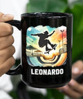 Custom Skateboarding Travel Mug Personalized Gift For Skateboard Lovers Black 11 Oz Dope Coffee Cup in hand with skater design