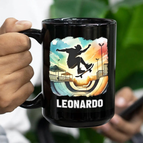 Custom Skateboarding Travel Mug Personalized Gift For Skateboard Lovers Black 11 Oz Dope Coffee Cup in hand with skater design