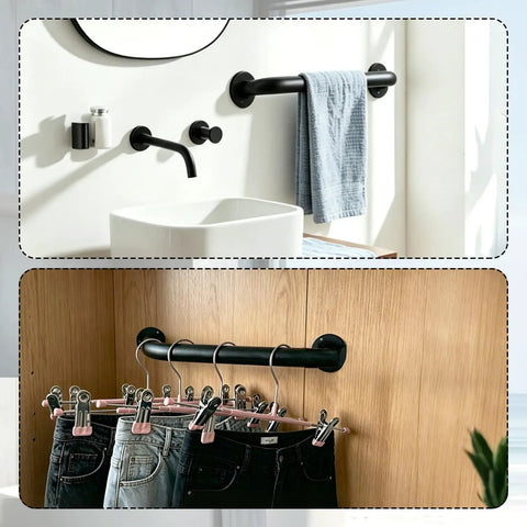 Heavy Duty Pipe Stair Handrail Wall Mounted Safety Grab Bar Twelve Inch Long Industrial Iron Tubes Crafted For Up To Three Hundred Pounds Built Solid As A Rock For Dependable Daily Support, shown in bathroom and laundry use.
