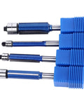 Top Notch 4 Piece Flush Trim Router Bit Set With Double Bearing Precision Guides And Tough 6Mm Shank For Smooth Woodworking Trimming Jobs Plus Storage Box Included showing four router bits with blue plastic protectors.