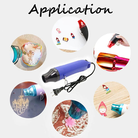 No Sweat Mini Heat Gun For Epoxy Resin And Crafts 300W Portable Handheld Dryer Tool For Embossing Shrink Wrapping Paint Clay Rubber Stamps Quick Dry Blue in use with various craft items.