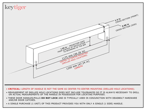 Diagram of Sleek 48 Inch Single Sided Modern Stainless Steel Front Door Handle With A Slick Brushed Nickel Satin Finish.