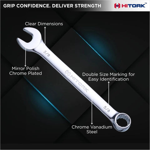 Shop Tested Beefy 11 Piece SAE Combination Wrench Set With Heavy Duty Roll Pouch showcasing a polished 5/8 wrench made of chrome vanadium steel.