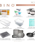 Collage of various BINO kitchen products including bowls, trays, organizers, and cookware with labels and descriptions.