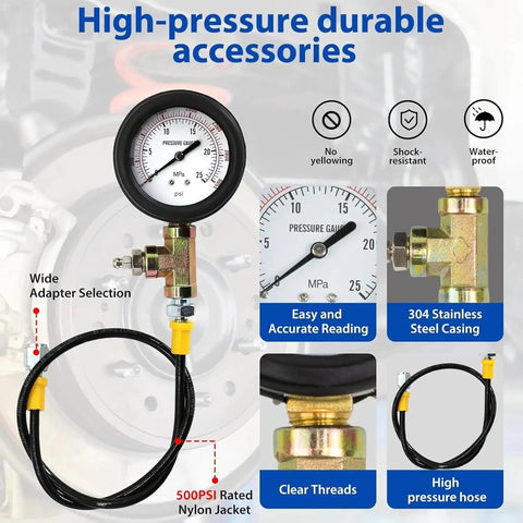 Brake Pressure Tester Universal Gauge Kit 0 To 3500 PSI ABS Hydraulic Oil Pressure Gauge shown with durable accessories