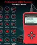 Universal OBD2 Code Reader And Diagnostic Tool With Crisp Lcd Screen And Sturdy Anti Slip Grip showing diagnostic menu options on LCD.