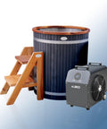 Top Shelf Vertical Cold Plunge Tub Paired With A Beastly 1Hp Chiller Heater Combo For Rapid Soreness Relief Crisp Ice Soaks To Soothing Warm Baths 118 Gallon Home Recovery Kit with wooden steps.