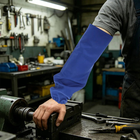 Heavy Duty Flame Resistant Welding Sleeves 21 Inch Blue Cotton Arm Guards with stretch bands, worn while using machinery.